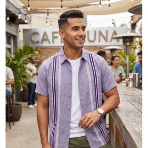 Cafe Luna Mens Large SS Guayabera Shirt Mystical Purple Textured Woven Retro L